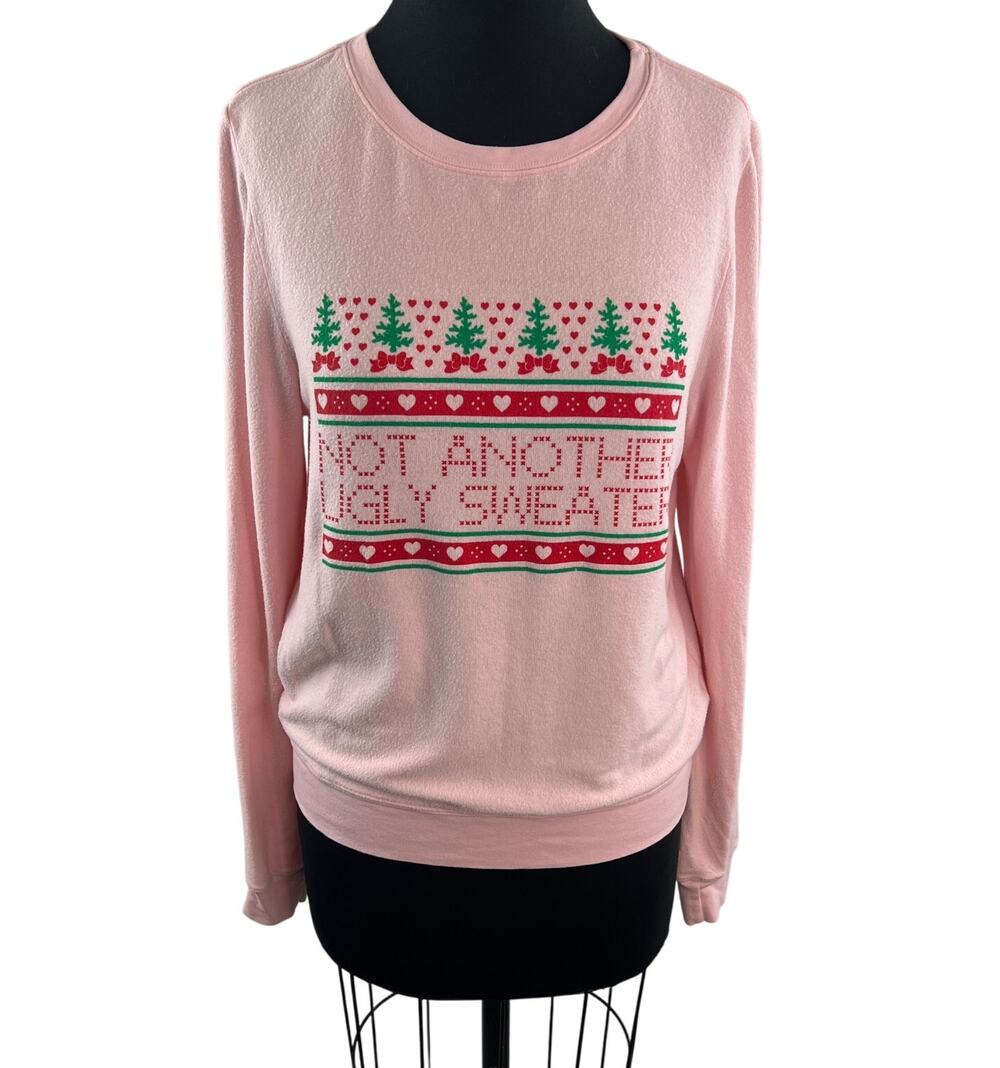 WILDFOX Not Another Ugly Christmas Sweater Pink Crew Bow Sweatshirt Size S Small